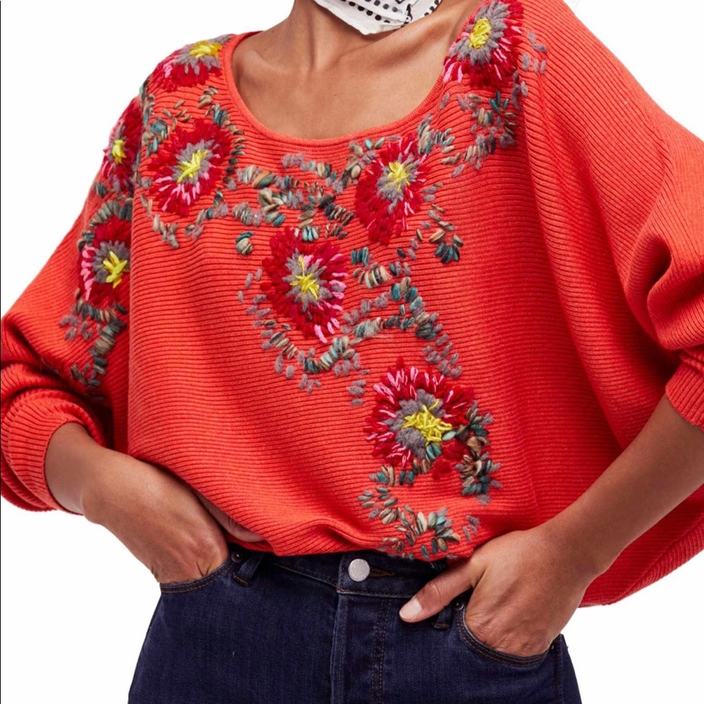 Free People XS Orange Floral Embroidered Sweater